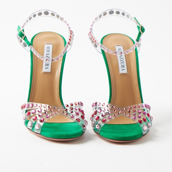 NW Aquazurra Olympia 105mm sandal. Green suede with Red crystal embellishments - Picture 2 of 4